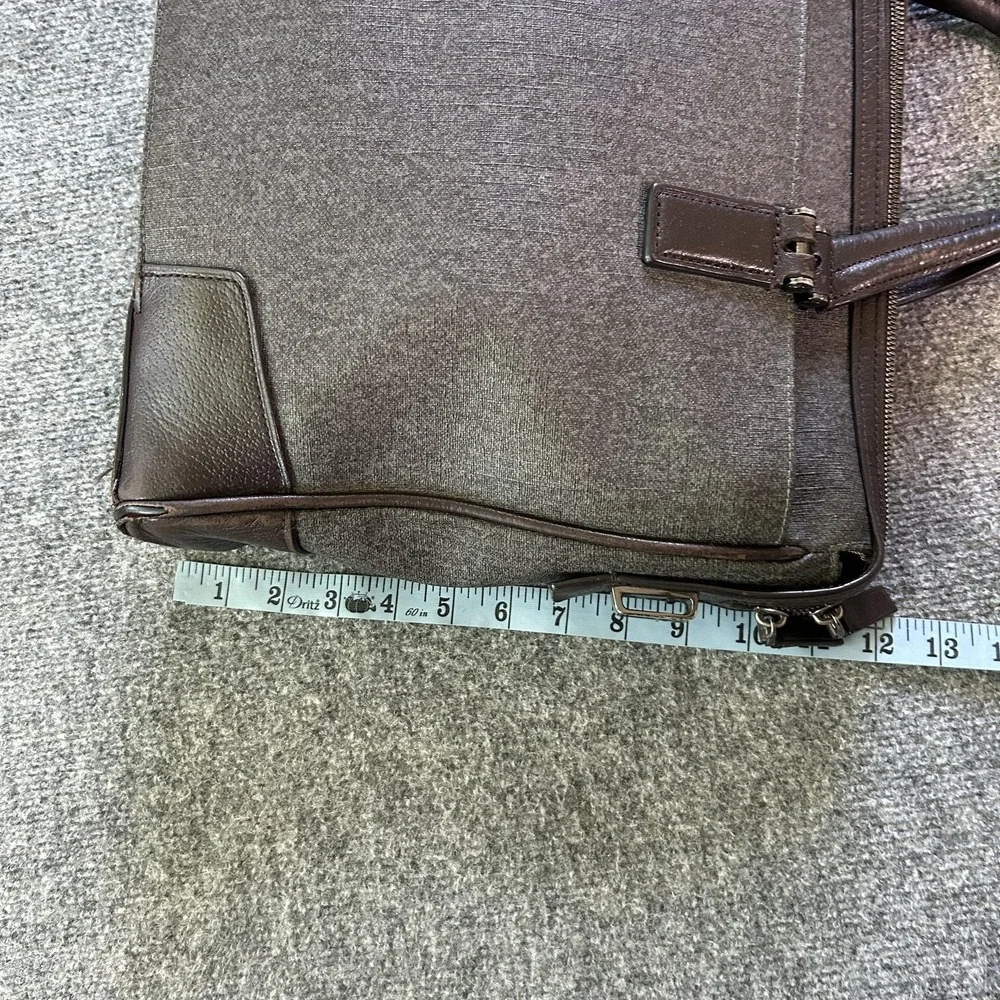 TUMI Gray Brown Leather Trim Laptop Briefcase Messenger Business Travel Bag